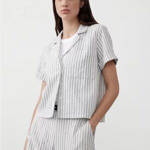 NWT Banana Republic Factory Striped Short-Sleeve Camp Linen Blend Shirt - White